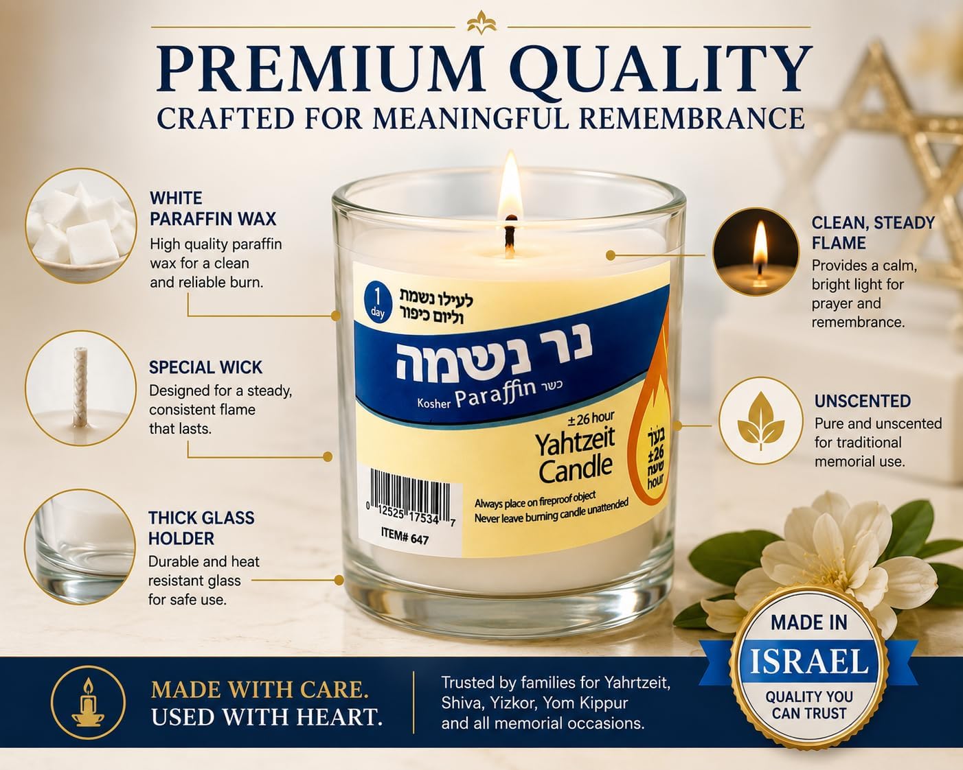 Yahrzeit Memorial Candle 24 Hours Burning Time in Glass Holder- 6 Pack - to Light in Memory of Lost Loved Ones Funeral Shiva yartzeit or Emergency Candles- Nice Glass Tumbler Cups- Light 1 Day
