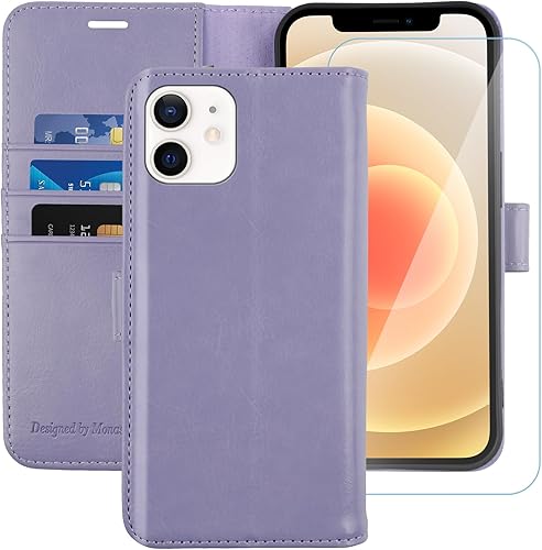 MONASAY Funda tipo cartera compatible con iPhone 11, de 6.1 pulgadas, protector de pantalla de vidrio incluido, bloqueo RFID, funda de piel con tapa