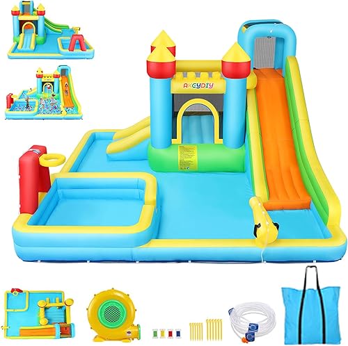 AKEYDIY Parque inflable de tobogán acuático con piscina, pistola de agua, disparo de pelotas, pared de escalada, tobogán acuático inflable para