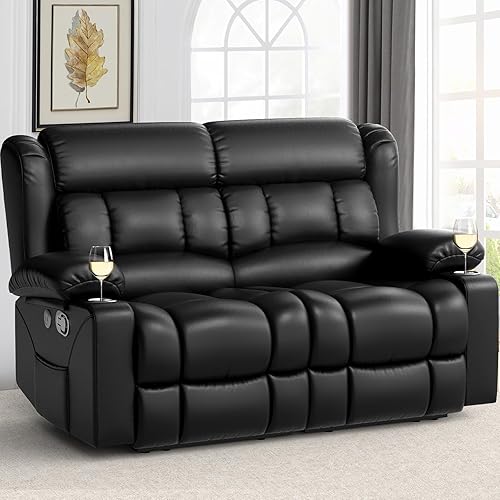 New Loveseat Recliner Sofa, 2 Seater Reclining Loveseat Sofa, PU Leather Dual Recliner Chair, Modern Loveseat Couch for Living Room, with Cup Holder and USB Ports, Black
