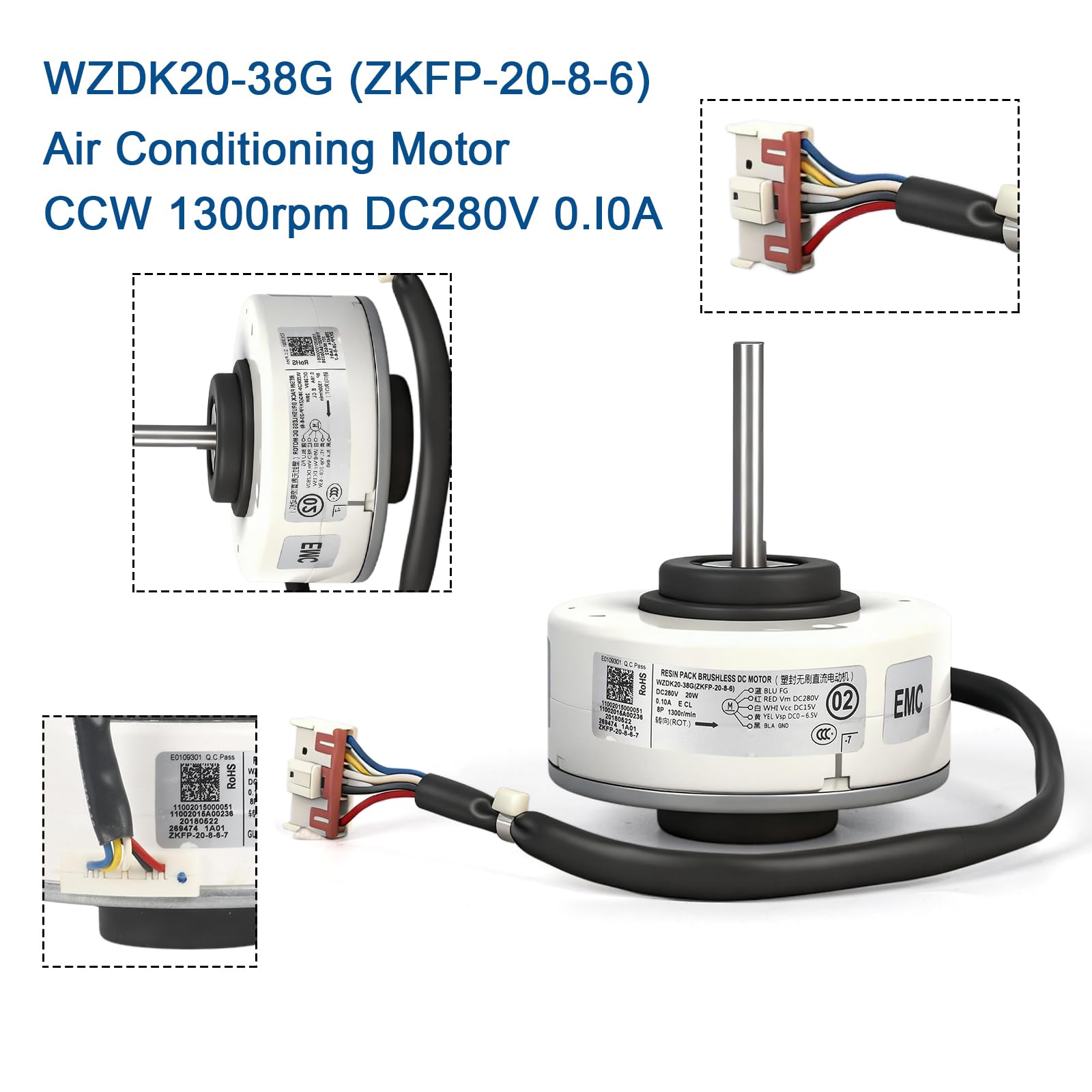 ZKFP-20-8-6 Motor de ventilador de aire acondicionado, OEM WZDK20-38G 20W inversor de aire acondicionado sin escobillas Motor CC para aire acondicionado central, CCW 1300rpm DC 280V 0.10A