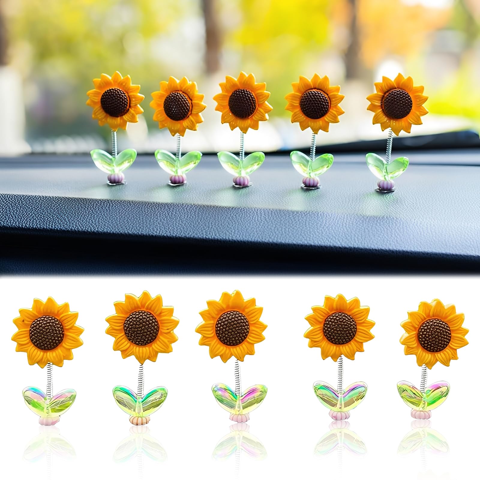 Set di 5 Girasoli Decorazioni Auto con Molla Oscillante, Accessori Auto Interno, Ornamenti Girasole per Cruscotto
