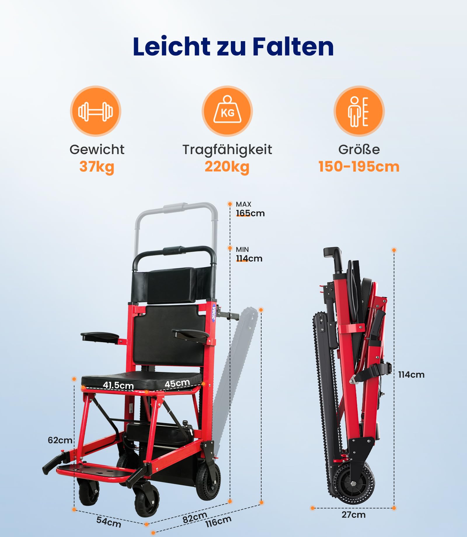 VOCIC AY04 Elektrischer Treppensteiger Rollstuhl bis 220KG mit Gummikette | Elektrische Treppenhilfe Rollstühle Faltbar, Treppenlift Medizinische Rettungstrage mit LED Licht für Senioren, Rot