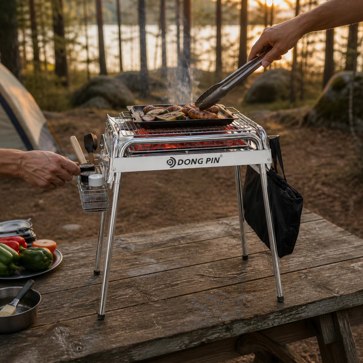 Grill a Carbone Pieghevole Portatile, style to 1 | metallo resistente - acciaio inossidabile - per campeggio all'aperto - include borsa - cestino - per Feste - per Outdoor