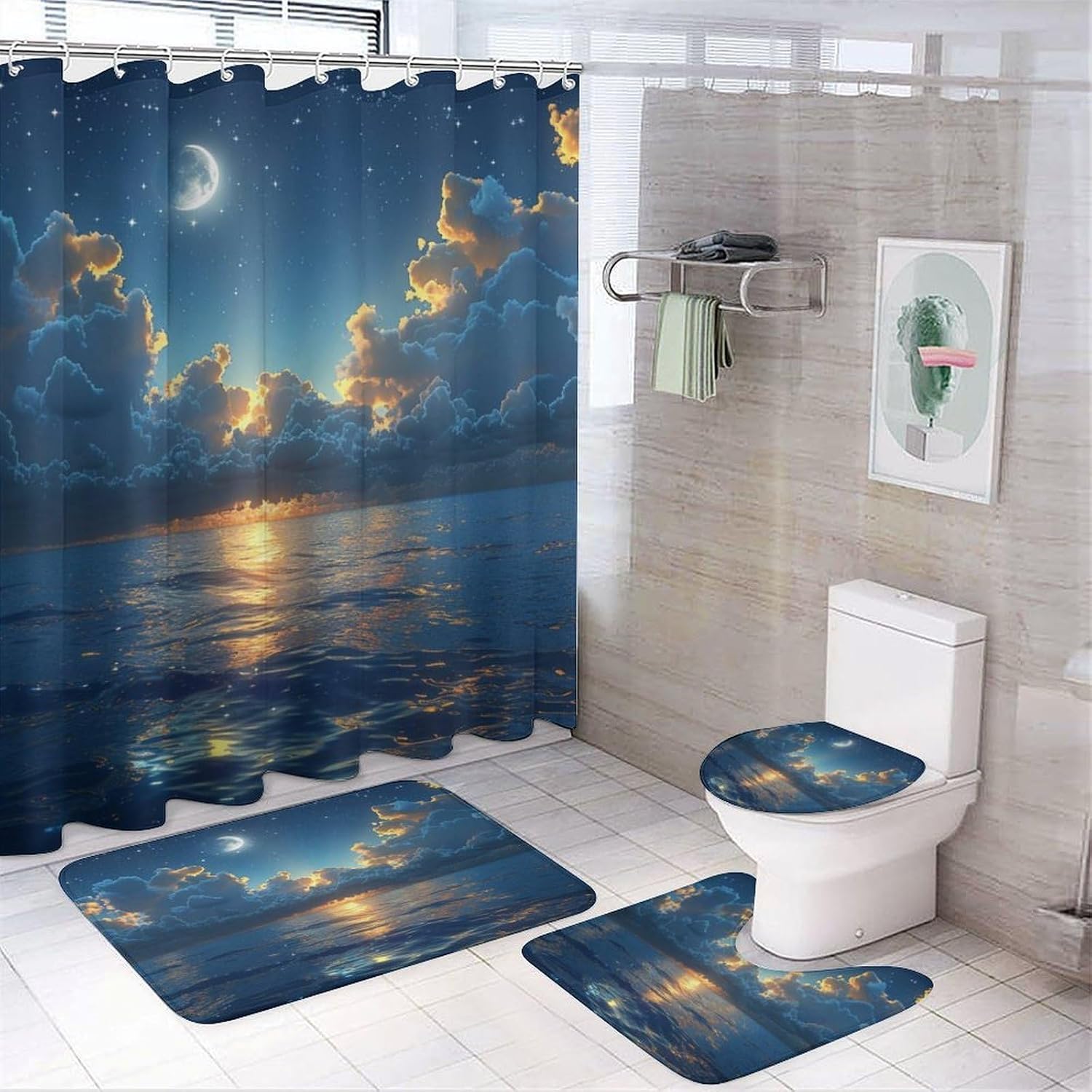 4PCS Rustic Night Landscape Shower Curtain Set with Rugs, Non-Slip Bath Mat & Toilet Cover, Waterproof Nature Clouds Moon Beautiful Sea Bathroom Set Decor