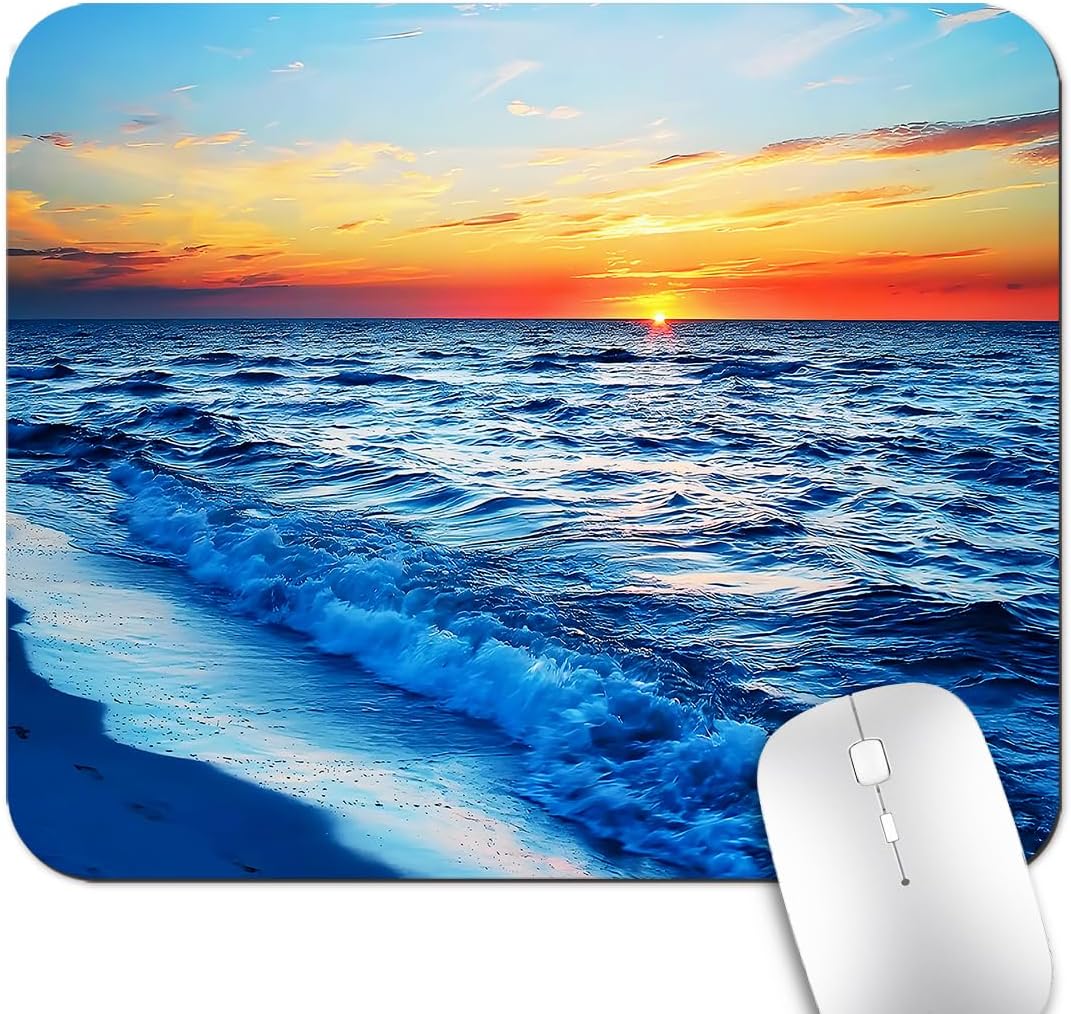 Blue Ocean Sunset Scene Mouse Pad, Coastal Waves Beach Landscape Desk Mat