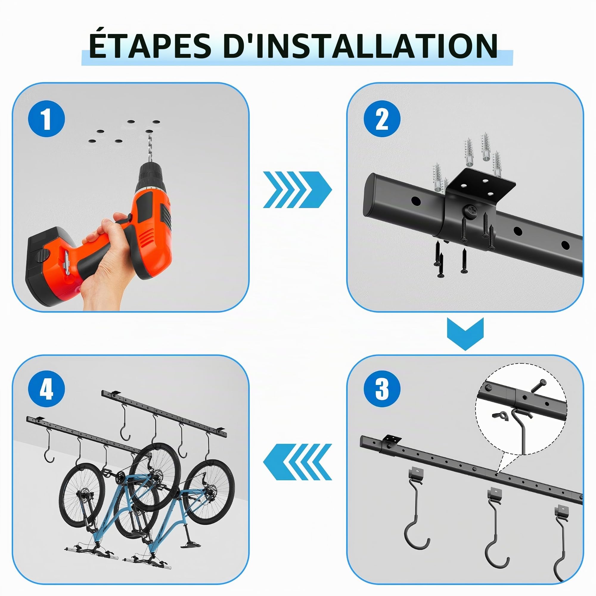 Urban Deco Support de vélo monté au plafond pour garage, système de cintres de vélo avec 8 crochets de plafond réglables, peut contenir 4 à 8 vélos, solutions de rangement de vélos de garage pour