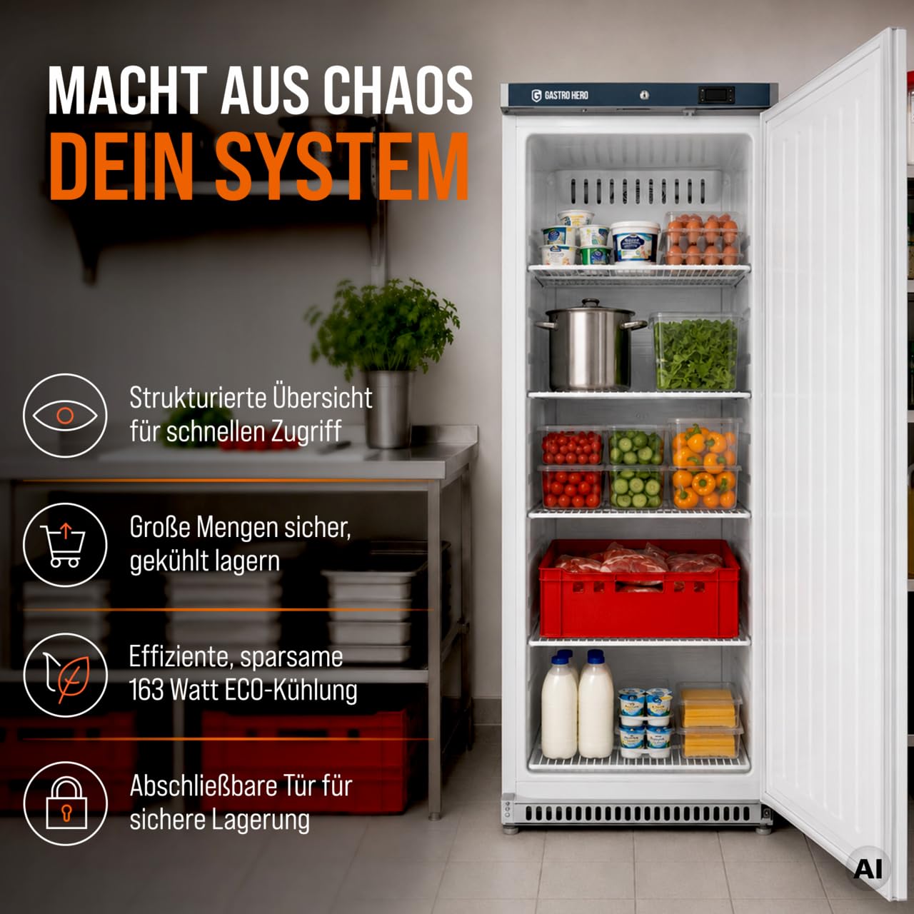 GastroHero Lagerkühlschrank 336 L, 5 Böden, Weiß LKSE400