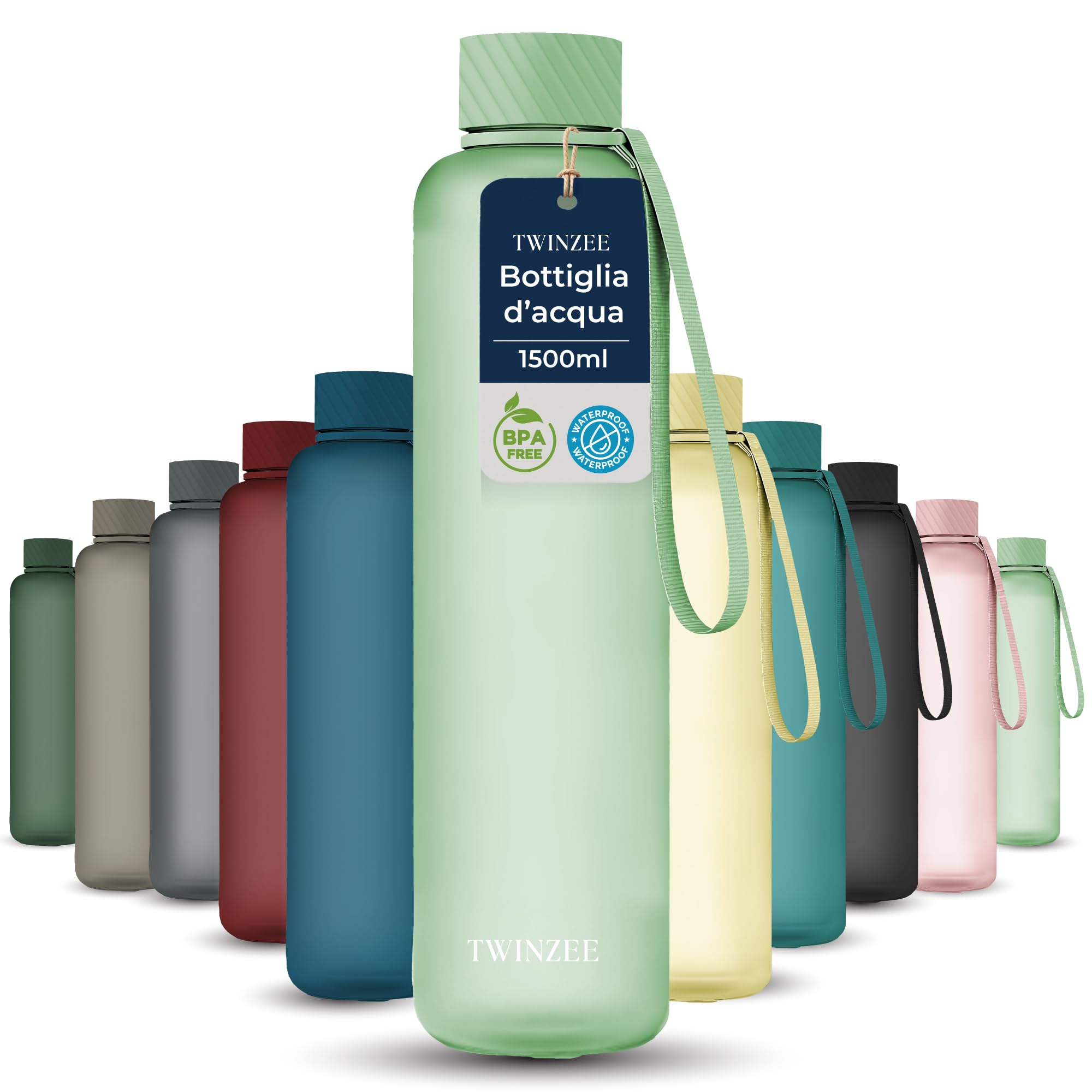 Twinzee Borraccia 1,5 litri - A Prova di Perdite, Senza BPA, Sostenibile - Water Bottle per Scuola e ufficio, Borraccia sportiva - Verde Chiaro