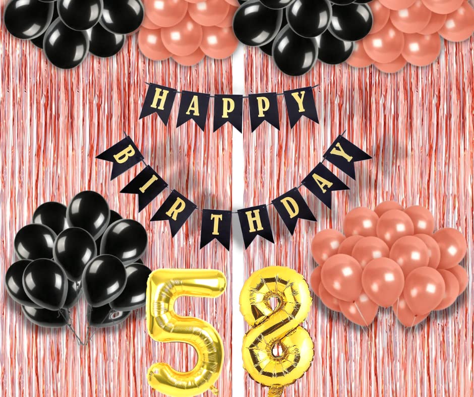 Image of 58th Birthday Decoration items for Girls with Black and Rose Gold Balloons, Black Happy Birthday Banner, Rose Gold Foil Curtain, Foil Balloon number 58
