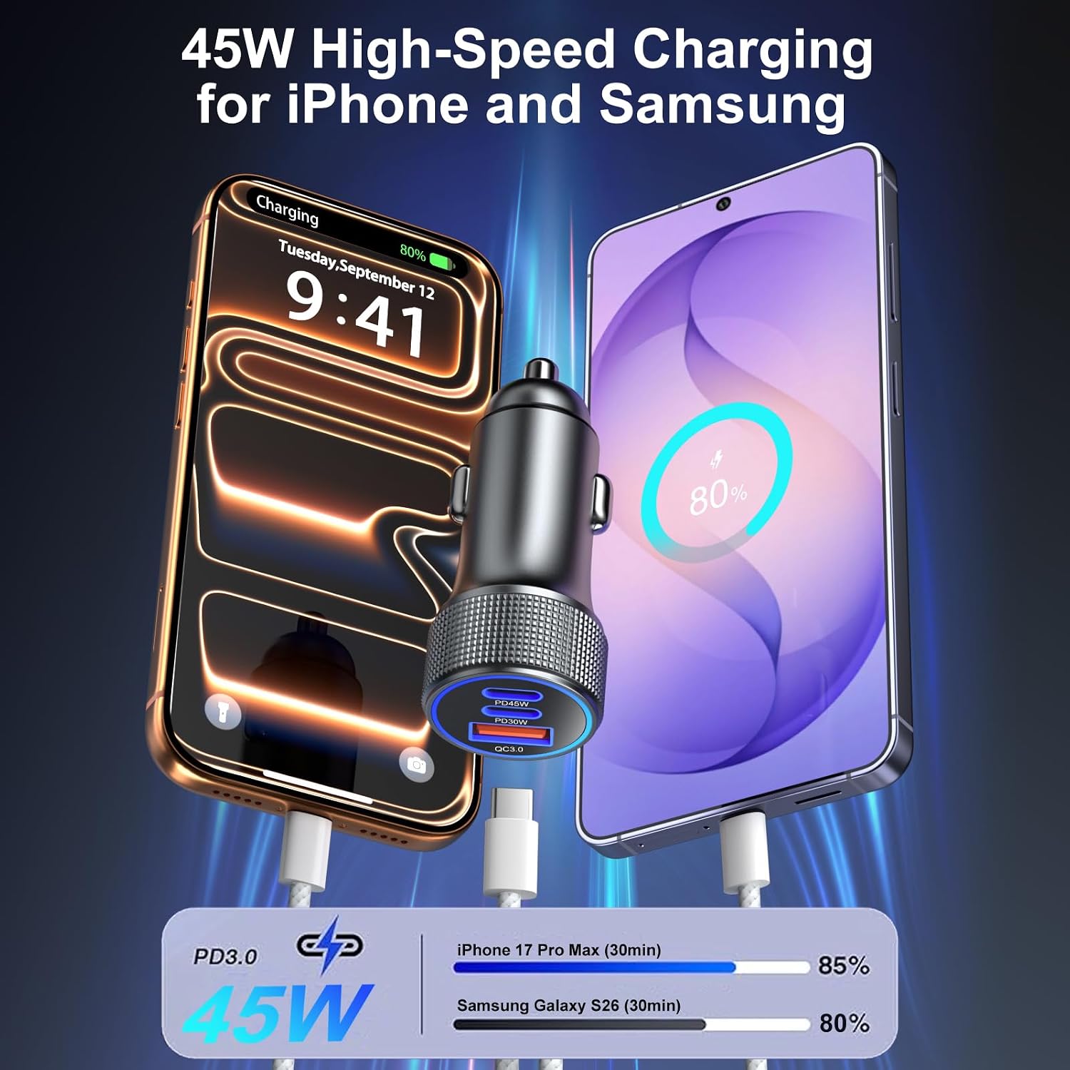 93W USB C Car Charger Fast Charging, 3-Port USB-C & USB-A Fast Car Phone Charger, PD45W+30W+QC3.0 Multi Port Cigarette Lighter USB Charge with USB C Cables for iPhone 17/16/15 Pro Max,Galaxy,MacBook