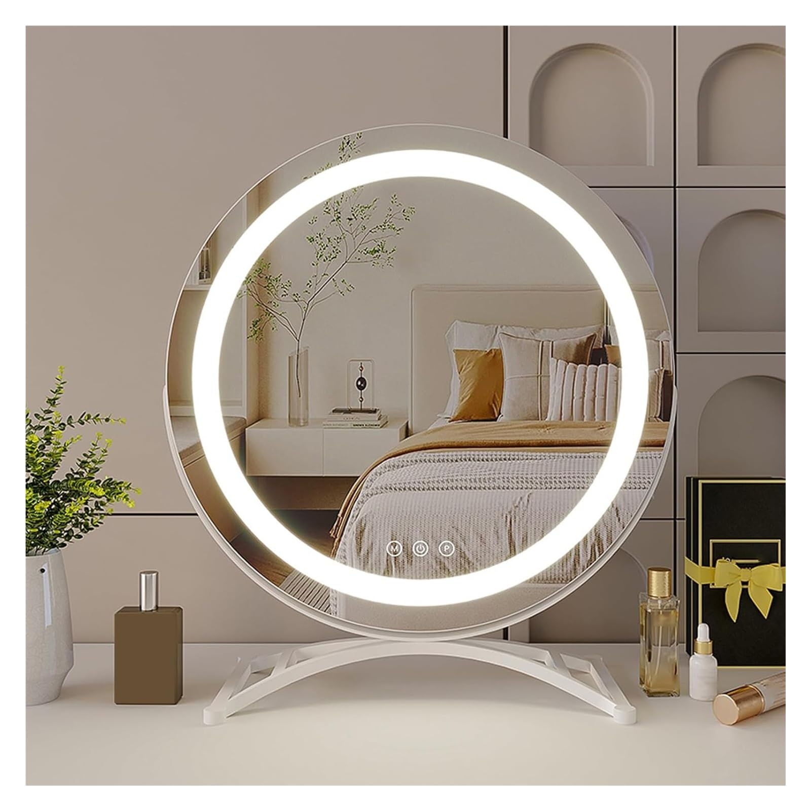 30cm-50cm Makeup Mirror With Light Round Vanity Desk With 360° Rotation, Smart Touch Screen, Dressing Table(White,50cm(19.6in))