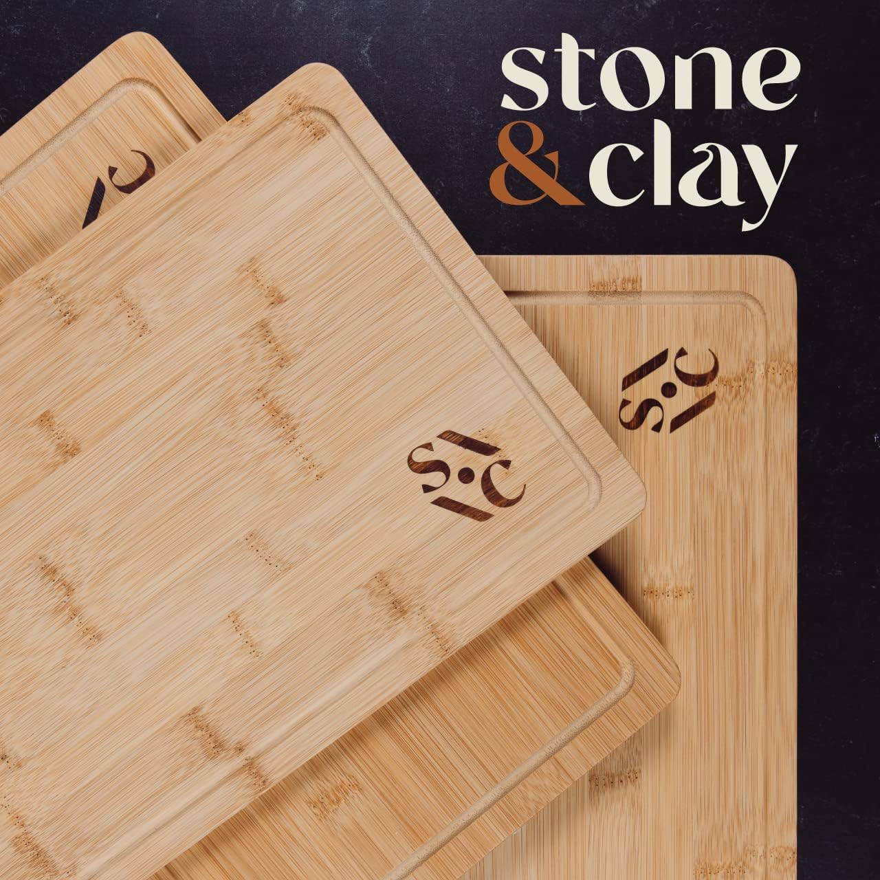 Stone & Clay Bamboo Wood Cutting Boards - Set of 3 (Small, Medium, and Large) Chopping Boards with Stand - Perfect for Cheese, Vegetables, Fruit, and Meats - Includes Juice Groove for Easy Cleanup