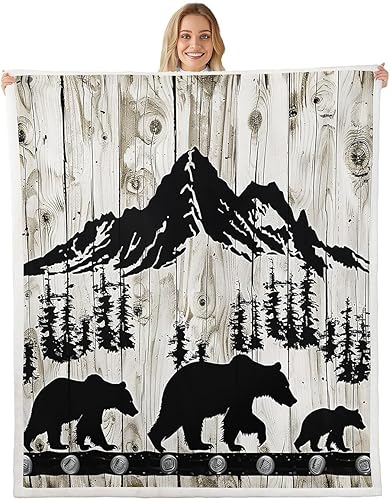 Miniatura 8 de Manfei Manta rústica de granja con oso y árbol de montaña, para decoración de habitación de niños y adolescentes, manta de tablones de madera gris