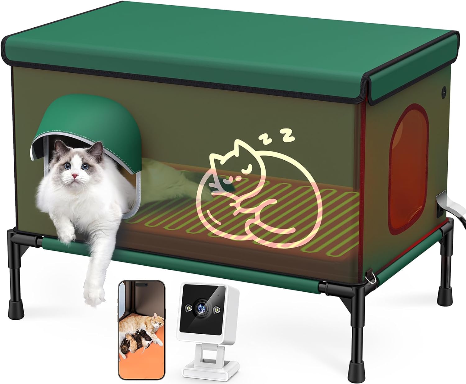 Heated Outdoor Cat House with Camera, 100% Waterproof & Insulated Cat Shelter for Winter, Escape Door for Safety, for Feral Stray & Barn Cats (Green)