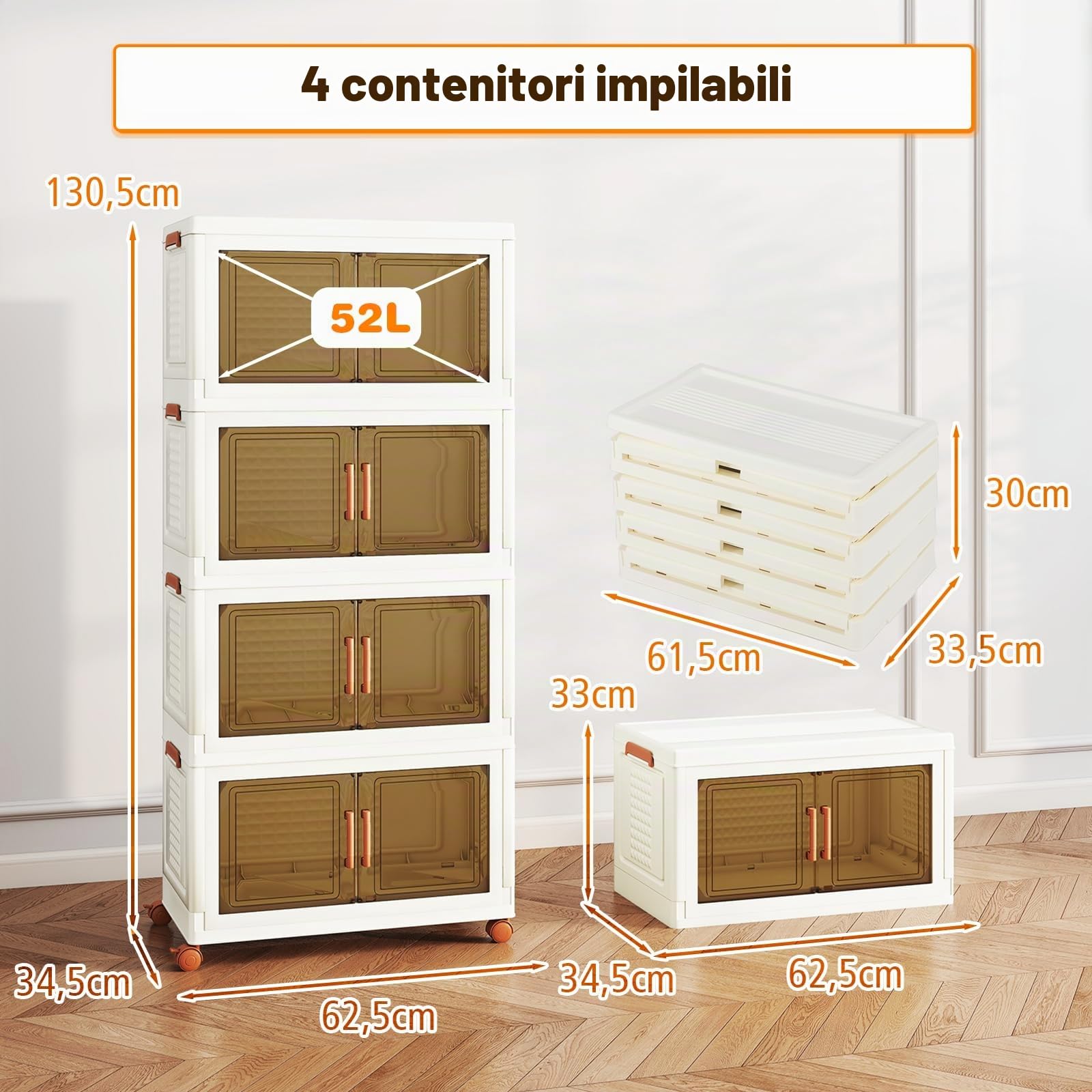 GIANTEX Contenitore di Archiviazione in Plastica, Organizzatore Impilabile con Coperchi e Porte, 4 Ruote, Scatole Organizzatore Pieghevoli per Soggiorno, Camera da Letto (62,5 x 34,5 x 130,5 cm)