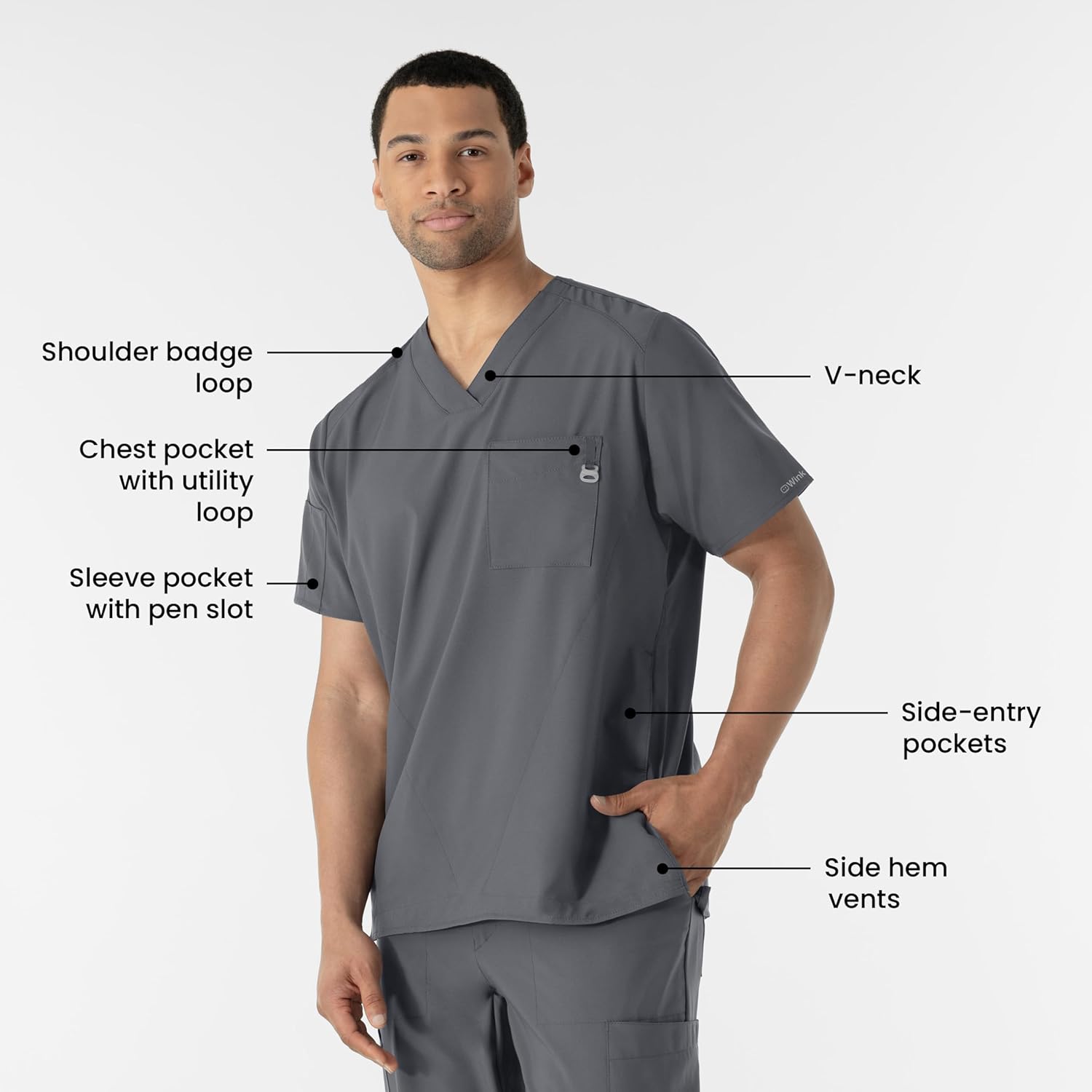 WINK Scrubs for Men, W123, V-Neck Tops with 6 Pockets - Image 2
