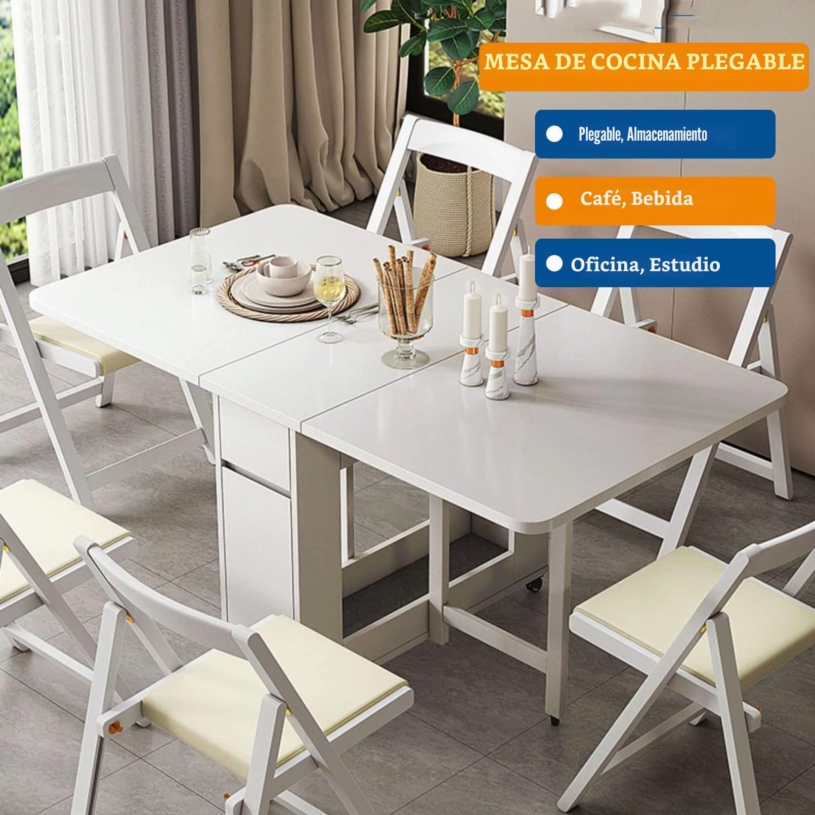 Juego de Mesa y sillas Plegables, Mesa de Comedor de Madera Maciza y sillas con 4 sillas, Mesa de Hojas de caída para Cocina Comedor Sala de Estar,Blanco
