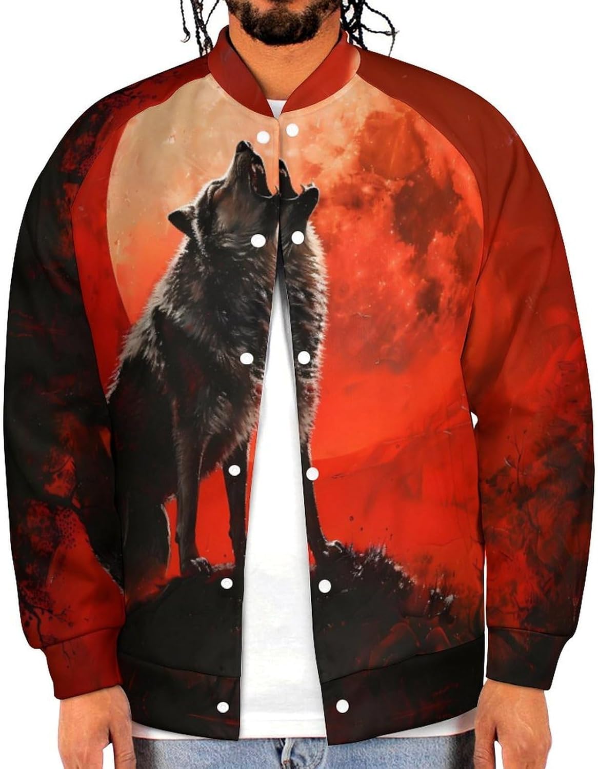 Howling Wolf Red Moon Novelty Men's Baseball Jackets Causal Sweatshirt Button Top Long Sleeve Coat