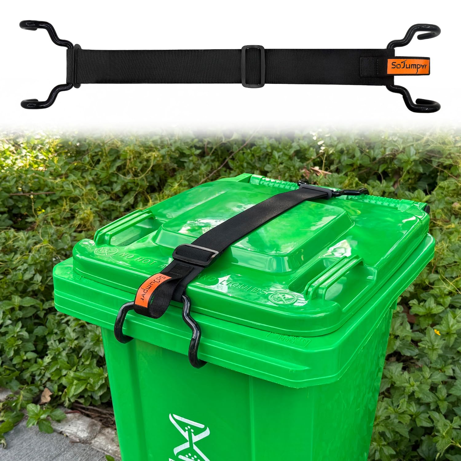Heavy Duty Metal Claw Trash Can Lid Lock Elastic Strap with Handle, Adjustable Windproof & Animal Proof Garbage Can Lock,Fits 28-96 Gal Outdoor Bins,Bear/Raccoon/Dog Proof,One-Hand Use(Black)
