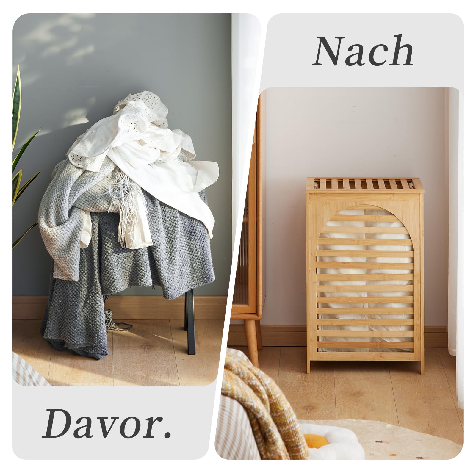 Wäschekorb mit Deckel, Bambus, groß, wasserdicht, abnehmbare Wäschesäcke mit Griffen, Wäschekorb (Natur)