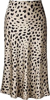Womens Leopard Print Skirt Midi Long Length Silk Satin High Waist Elastic Skirts
