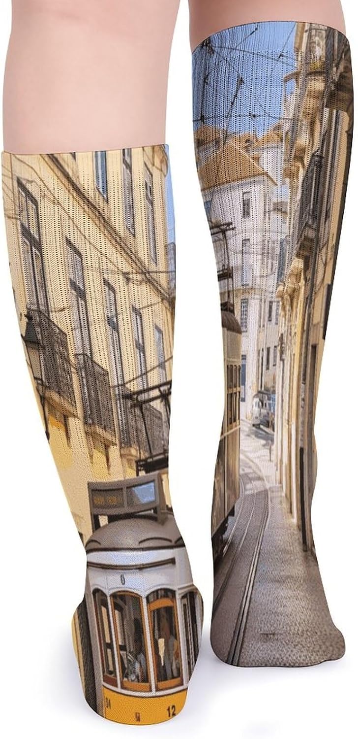 Lisbon Tram Crew Socks High Stocking Thermal Socks | Tube Socks-Breathable-Moisture-Soft-wicking for Hospital Pilates Yoga for women men Grippy for office and daily walking