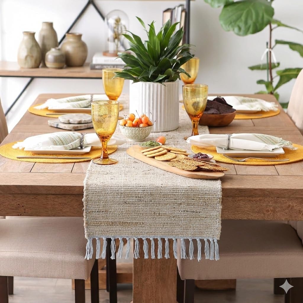 THE HOME TALK Designer Braided Table Runner | Stylish 4-6 Seater Décor for Dining Table, Parties, Events | Bohemian Design Hand Woven | Jute Fabric | Decorative Mats | 13 x 72 Inches | Light Grey