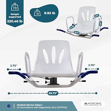 Mobiclinic® Swivel Bath Chair, Lago, Armrests and backrest, 360º swivel, Anatomical, European Brand, Waterproof, For the elderly, disabled or persons with reduced mobility