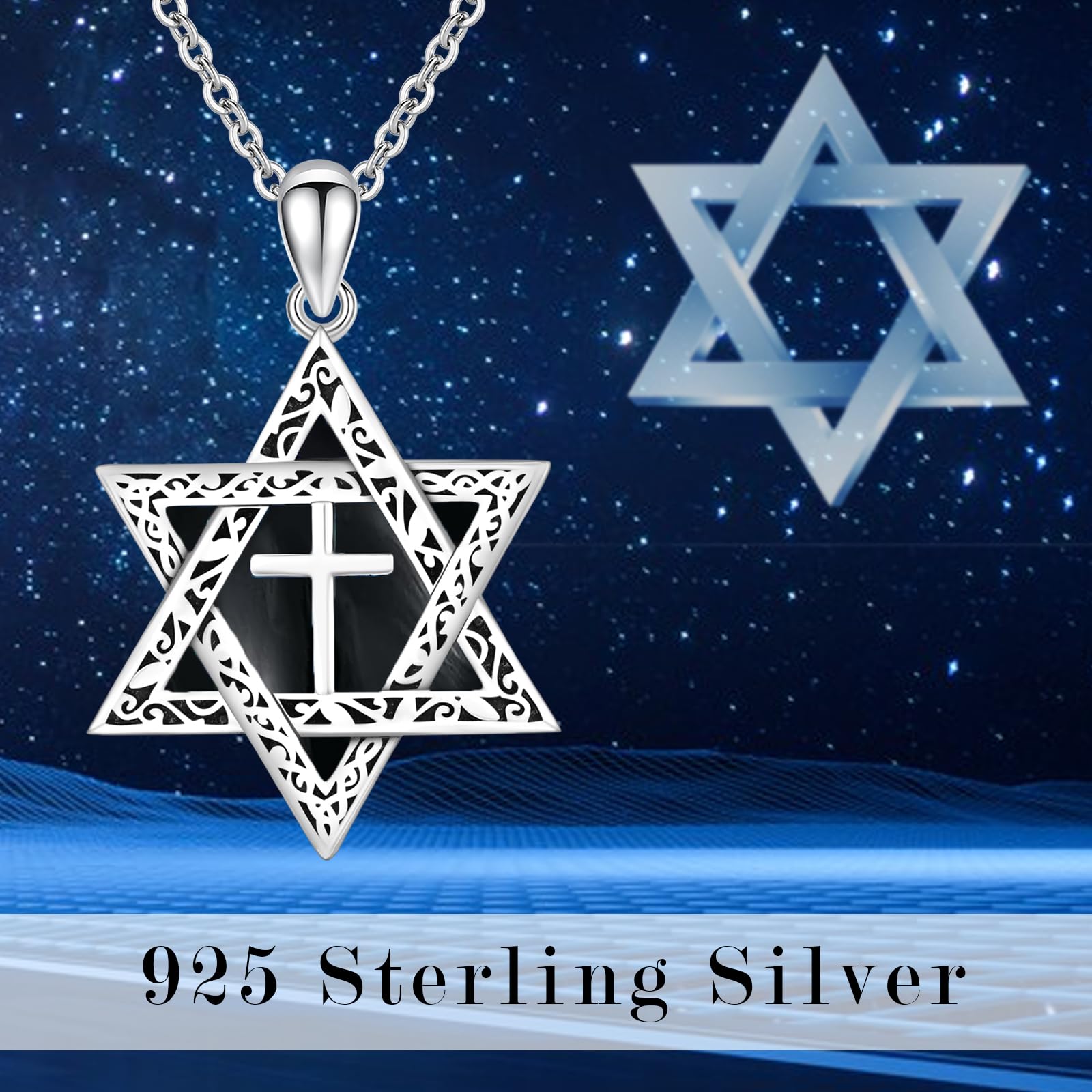 Onice - Collana con stella di David, in argento Sterling 925, a forma di stella di David, con ciondolo a forma di croce e onice, ideale per uomini e donne, misura unica, Argento sterling, Onice