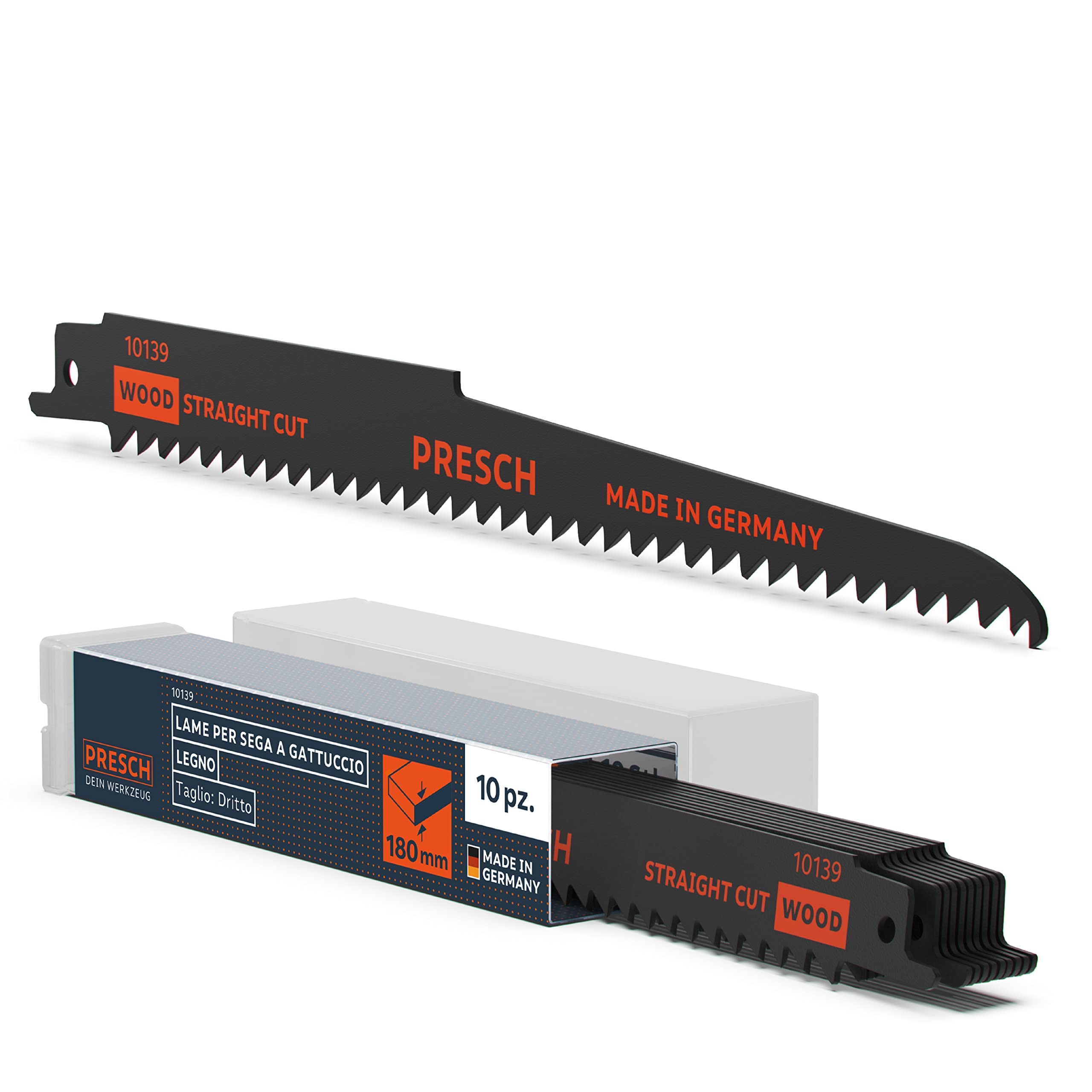 Presch Lame seghetto a gattuccio per legno 210 mm 10 pezzi - taglio 6-180 mm - Lame per sega a gattuccio er legno, tubi in PVC e altro. - Set di lame per sega con scatola