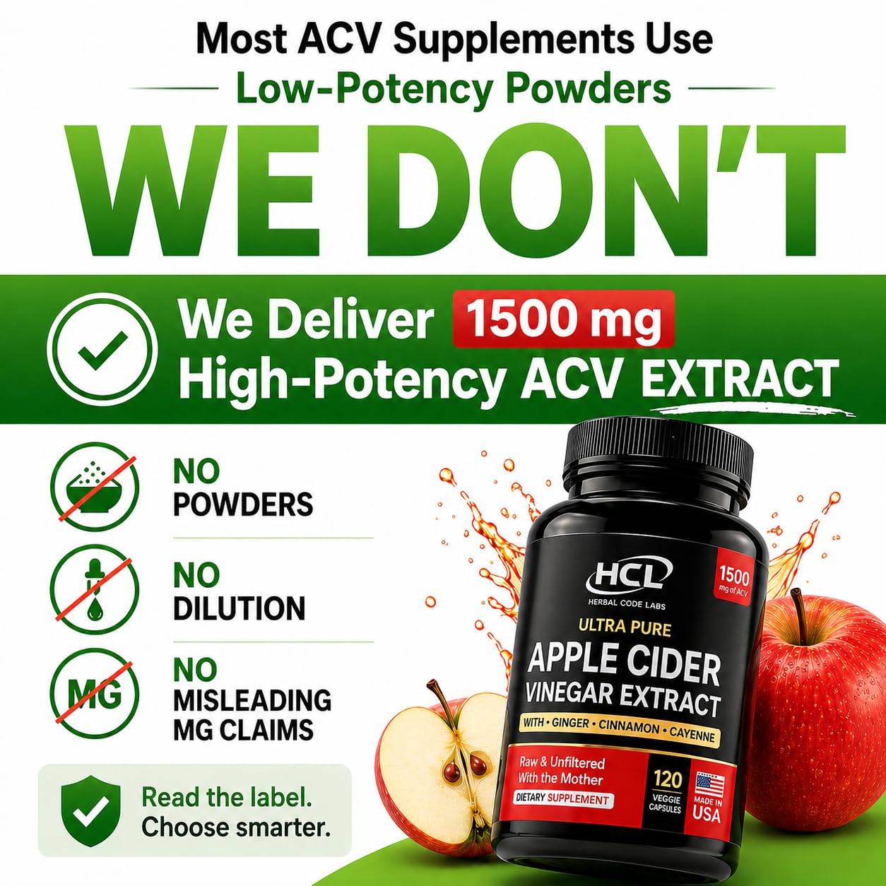 Apple Cider Vinegar Capsules 1500 mg Extract with the Mother - Extra Strength Raw Apple Cider Pills w Ginger Cayenne Cinnamon - Natural Detox Potent Digestion Cleansing System ACV Supplement — Amazon image 3