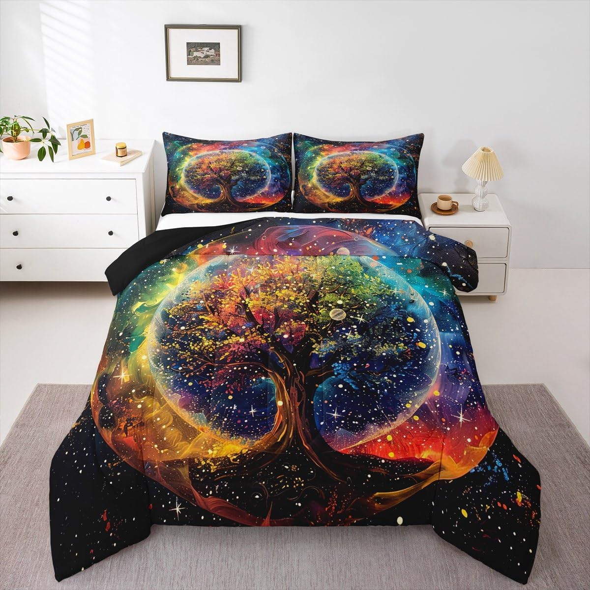 Colorful Life Tree Comforter Set Queen Size Glitter Galaxy Starry Bedding Set Bohemia Mystic Quilt Set Comfortable and Breathable Fantasy Nature Plant Duvet Insert with 2 Pillowcases