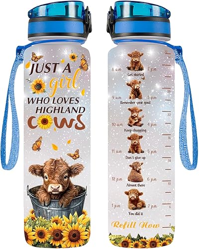 Botella de agua de 32 onzas, botella de agua con marcador de tiempo, botella de agua con aislamiento motivacional de vaca, regalos para amigos de
