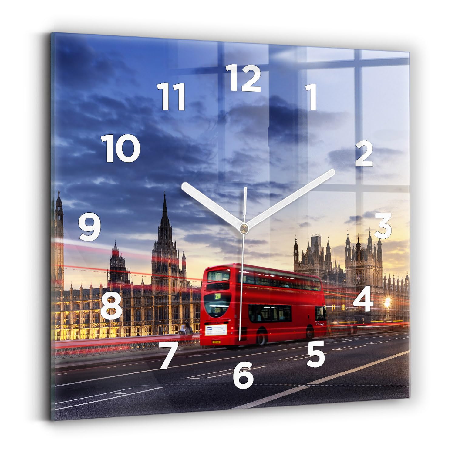 Horloge carrée Bus Rouge de Londres 30x30 cm à affichage analogique