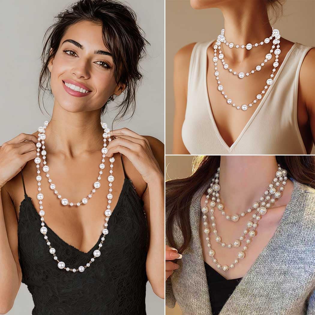 Long Pearl Necklaces for Women Layered Pearls Strand Necklace Gold Dainty Necklaces 1920s Statement Sweater Strand Chain Jewelry (Gold-Pearl)