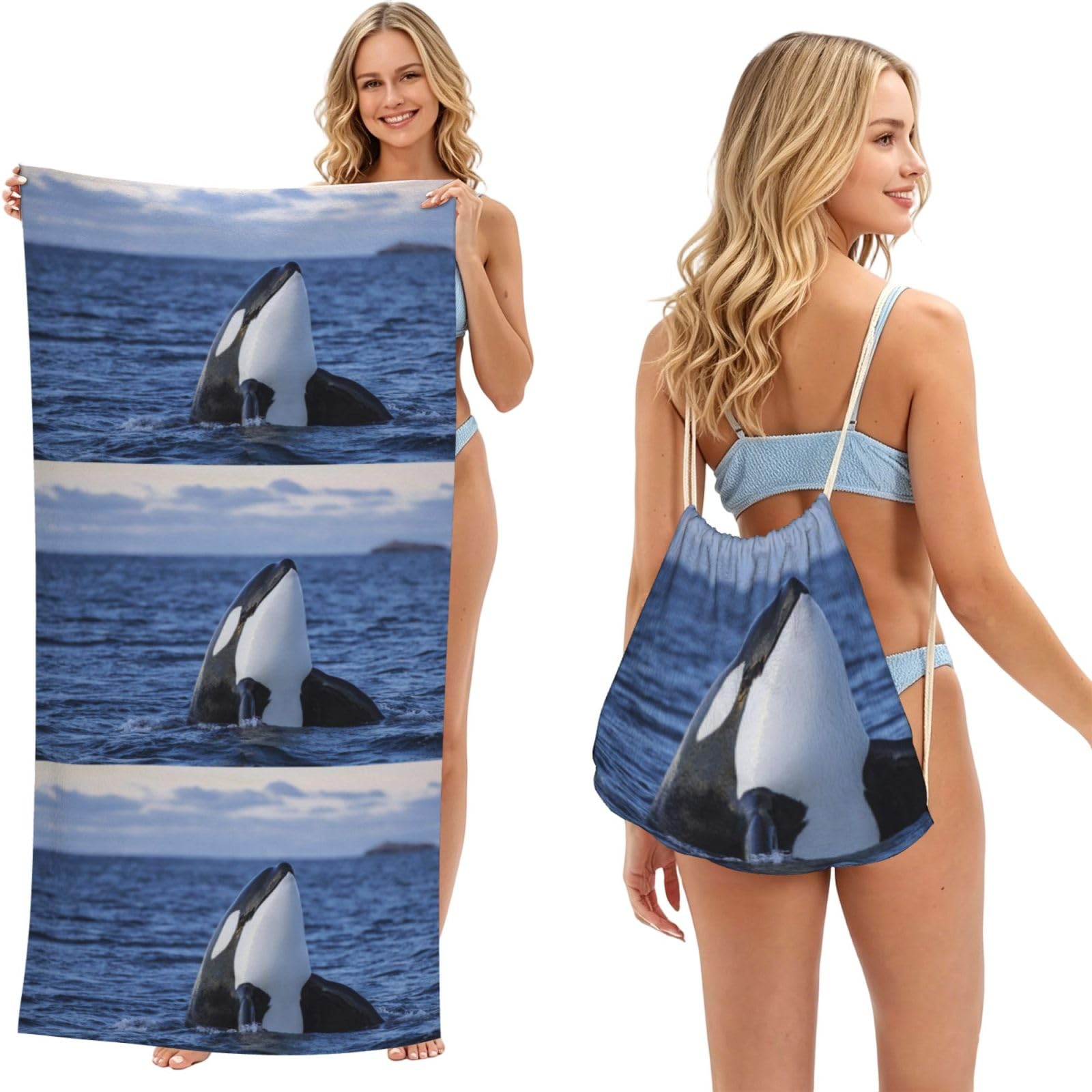 Poadnly As Picture Killer Whales Orca, 2 In 1 Packable Towel Bag, Beach Towels With Drawstring Backpack For Travel Holiday Camping