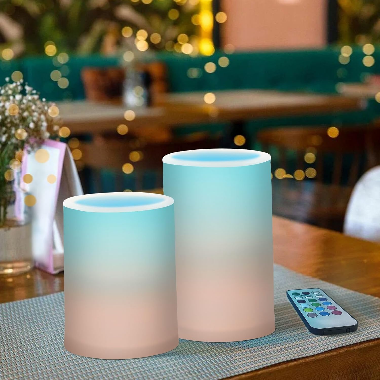 DOMIKING Orange Green Gradient Flameless Candles with Remote Control Electric Led Candles with Timer Battery Operated Flickering Tea Light Candles for Festival Party Home Decor 2 PCS