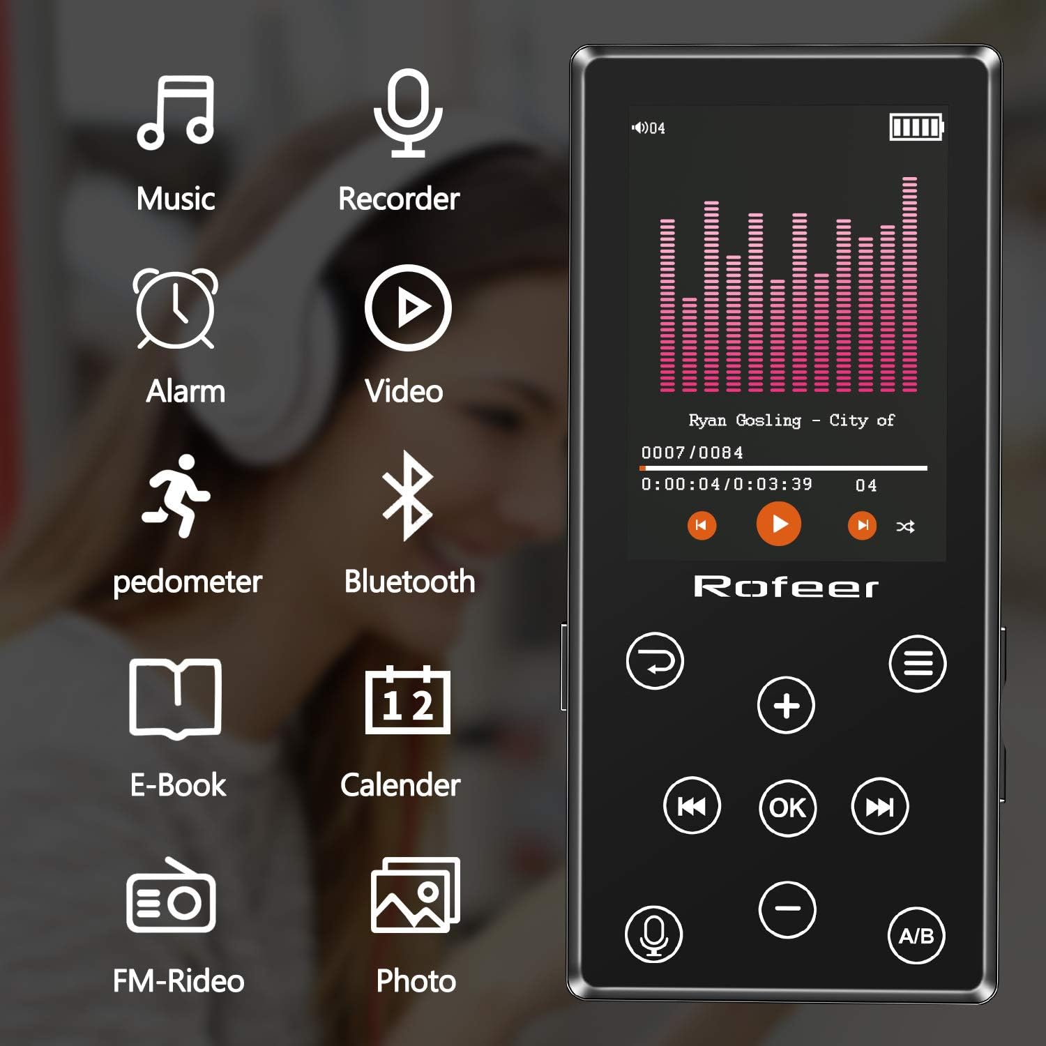MP3 Player, 16GB MP3 Player with Bluetooth 4.2 HiFi Lossless Sound Portable Digital Music Player FM Radio Voice Recorder E-Book 2.4'' LCD, Support up to 128GB with Earphone & Armband