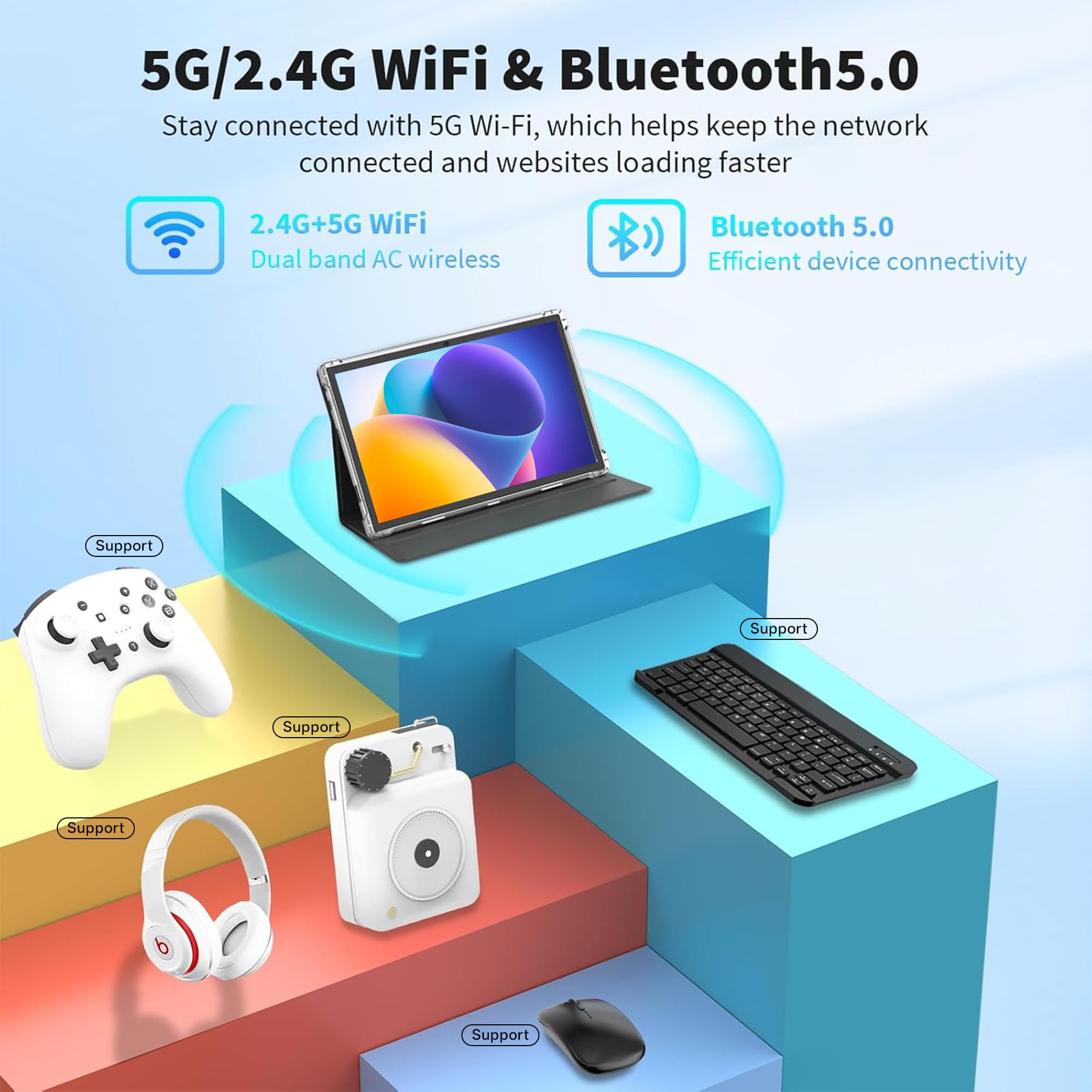 Tibtua Tablette 10,1 Pouces, Android 15, 8Go RAM + 64Go ROM(1 to Extensible) 5000mAh Batterie​, Quad-Cœur 5G WiFi Tablette Tactile, 5+13MP Caméra​, Bluetooth (​Gris​​)