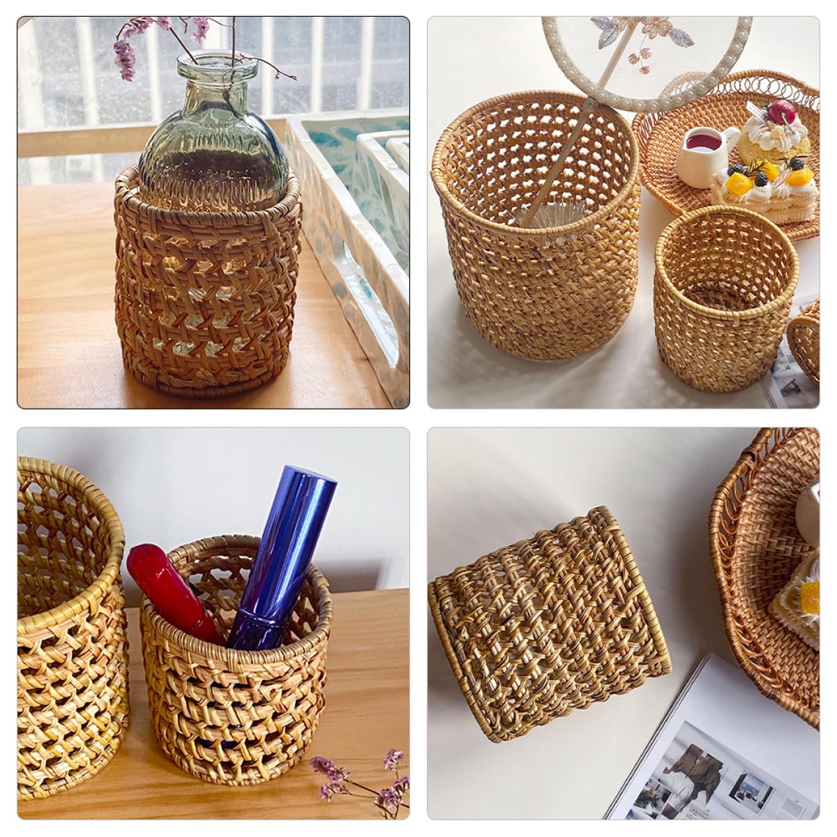 Zerodeko Porte-stylo en Rotin Tressé Naturel, Pot à Crayons Multifonction Petit Format Ø8x8 Cm, Organiseur de Stylos et Pinceaux de Maquillage pour Bureau et Maison