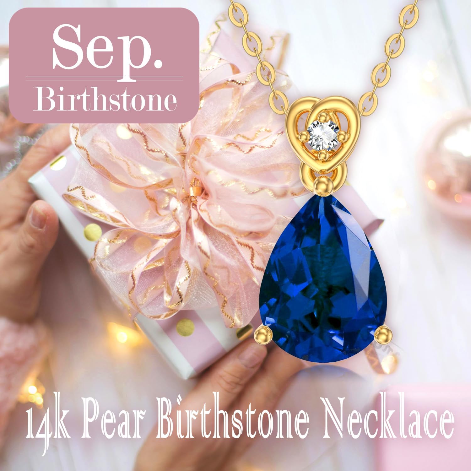 14k Gold Pear Gemstone Birthstone Necklace with Real Diamond(I2-I3 Clarity),2 Carat Teardrop Created Birthstone Anniversary Birthday Mother's Day Necklaces for Women Mom Her - Image 5