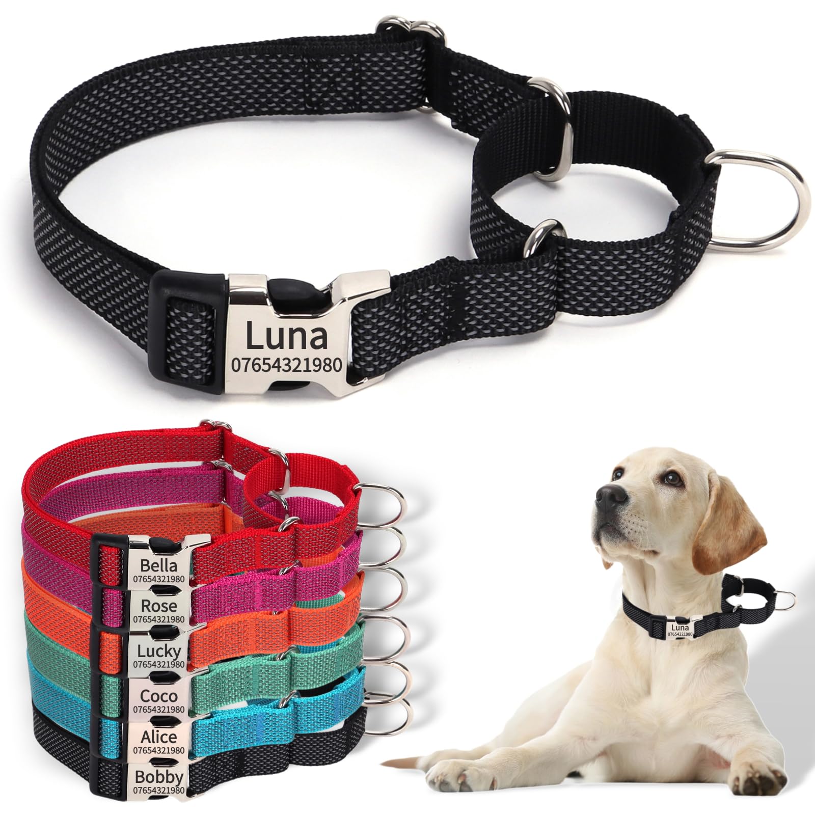 SEOUGEE Martingale Dog Collar Personalised, Reflective Nylon Escape-proof Anti-pull Dog Collars with Custom Engraved Metal Buckle, Walking Training Daily Used for Small Dogs (XS Black, 25-30cm)