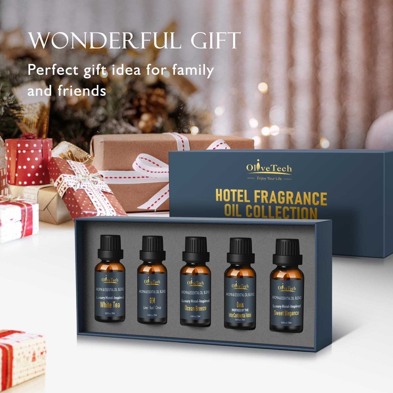 Hotel Collection Diffuser Oil Gift Set - 5 x 20ml / 0.68 fl oz, OliveTech Hotel Fragrance Oil Inspired by Iconic Luxury Hotel, White Tea, GEM & Oasis Scents, Glass Bottles
