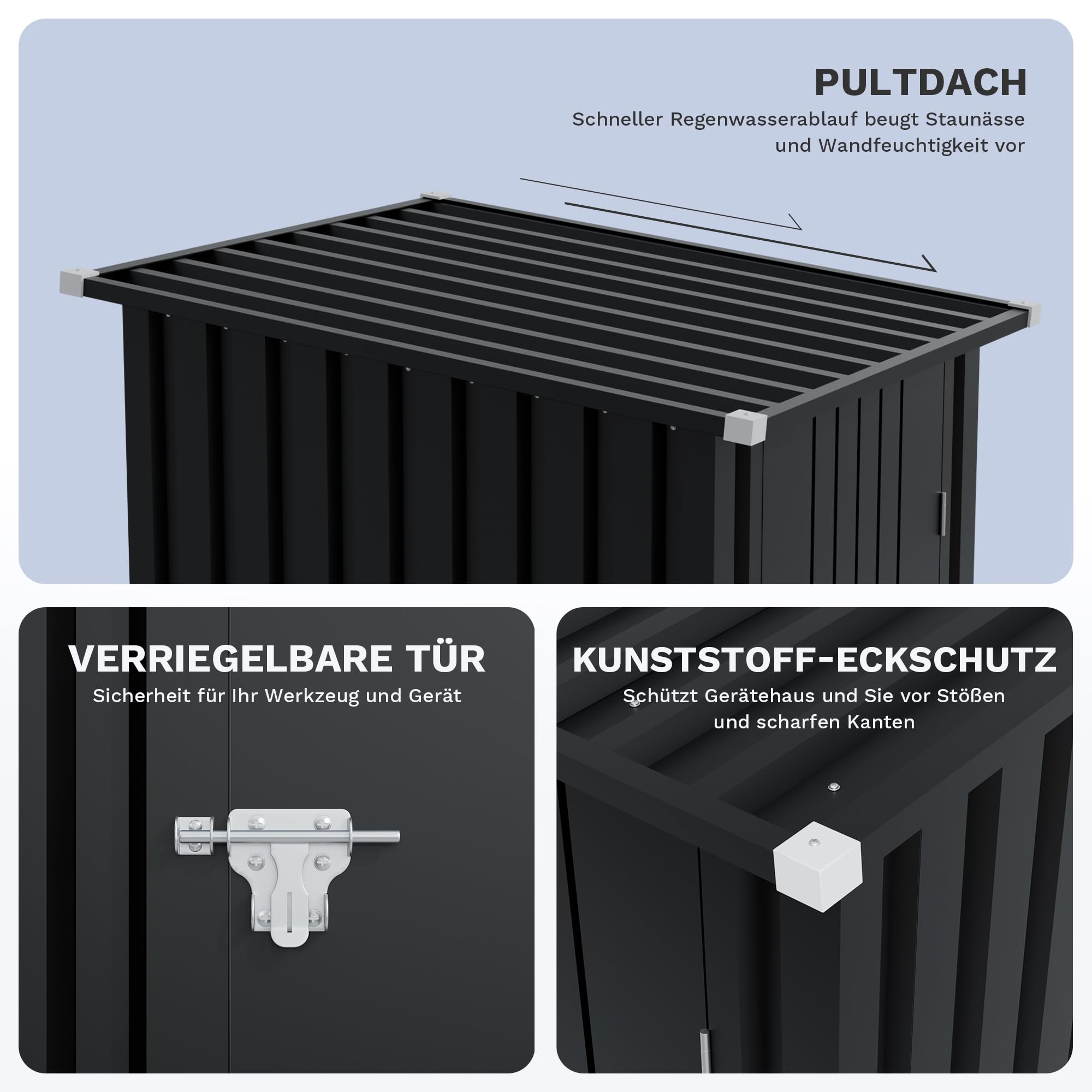 JUMMICO Metall Gerätehaus 100x100x160cm mit Pultdach, Schwarz