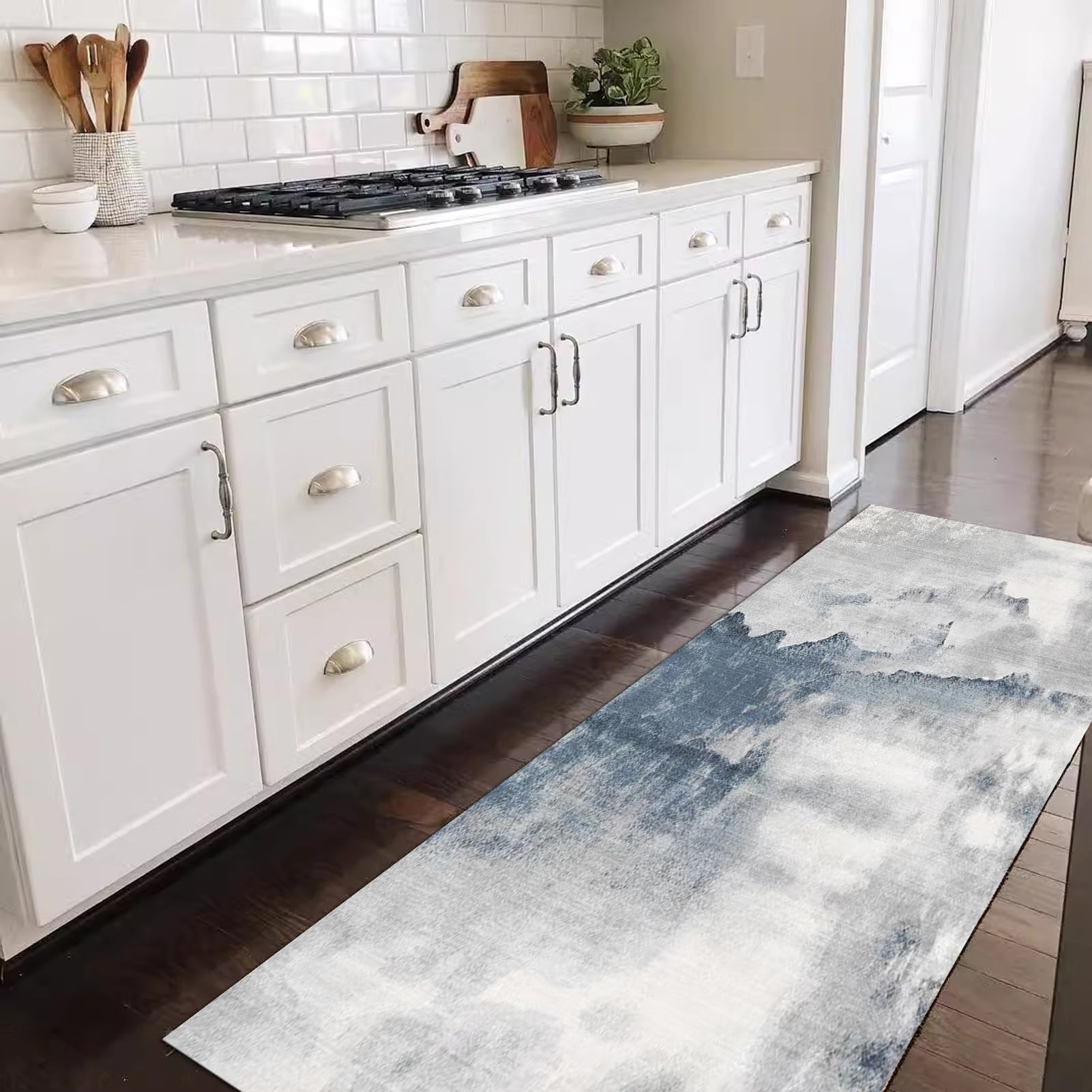 Tapis de couloir cuisine gris bleu 100x600 cm pour maison