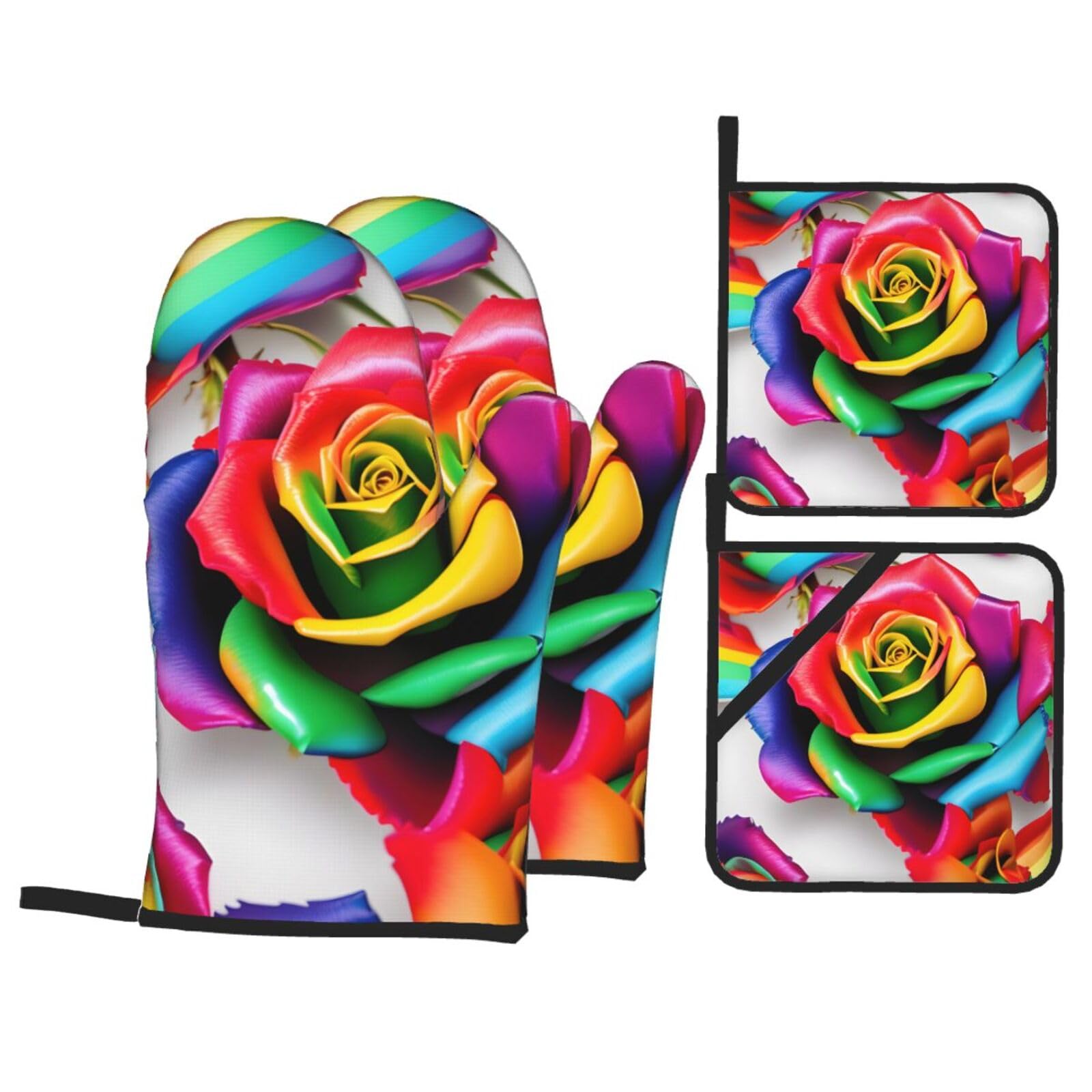 Rainbow Rose Flower Print 4-Piece Oven Microwaving Set Kitchen Gloves for Holiday Cooking Baking Grilling