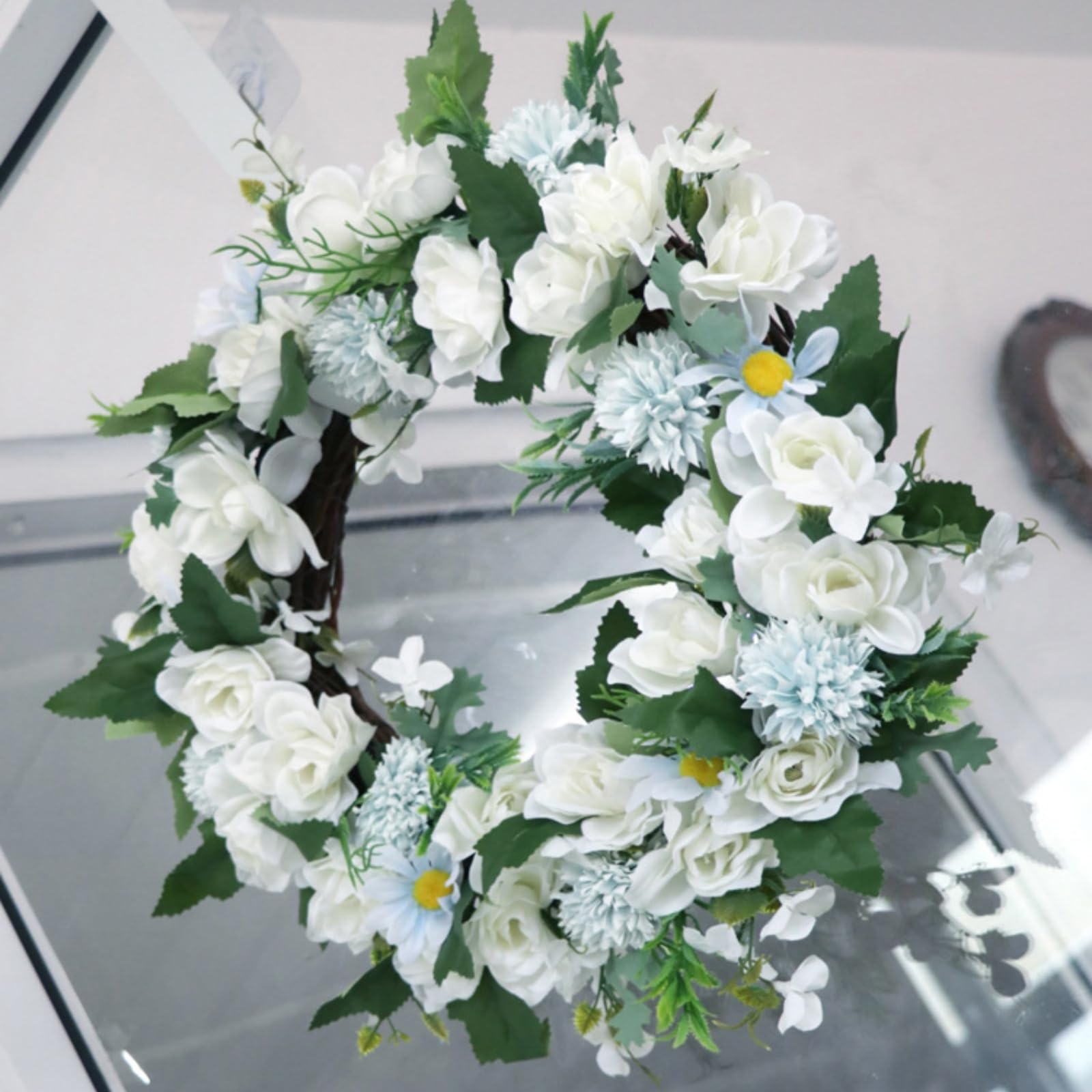 Künstliche Türkranz Deko, 40 cm Weiße Gardenien Blumenkranz, Türkranz für alle Jahreszeiten, Naturgetreu Für Haustür Hochzeiten Und Wanddekoration