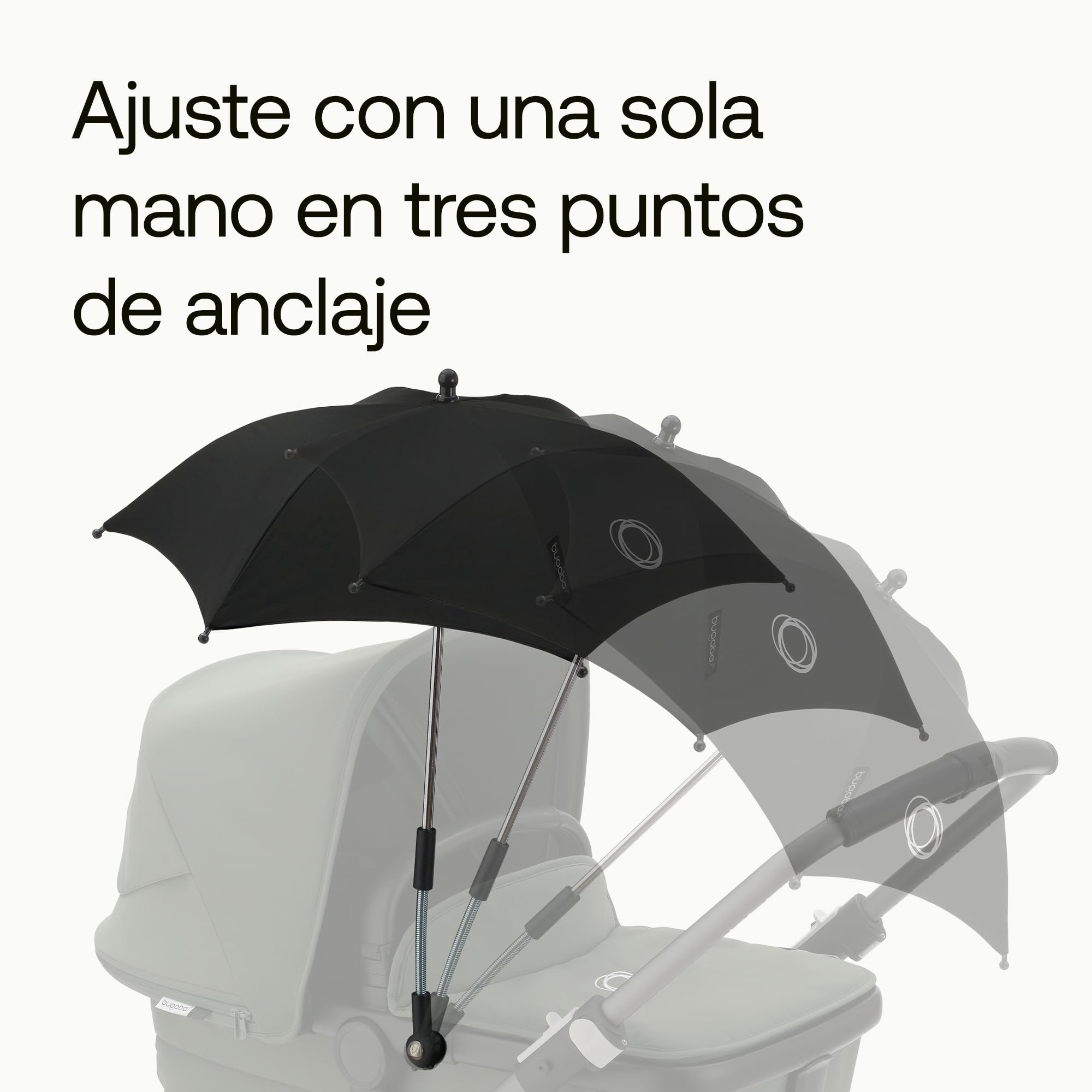 Sombrilla+ Bugaboo, Compatible con todos los carritos Bugaboo, Tejido de protección solar UPF 50+ para una protección solar óptima, Conexión con un clic y mecanismo de fácil ajuste, Negro