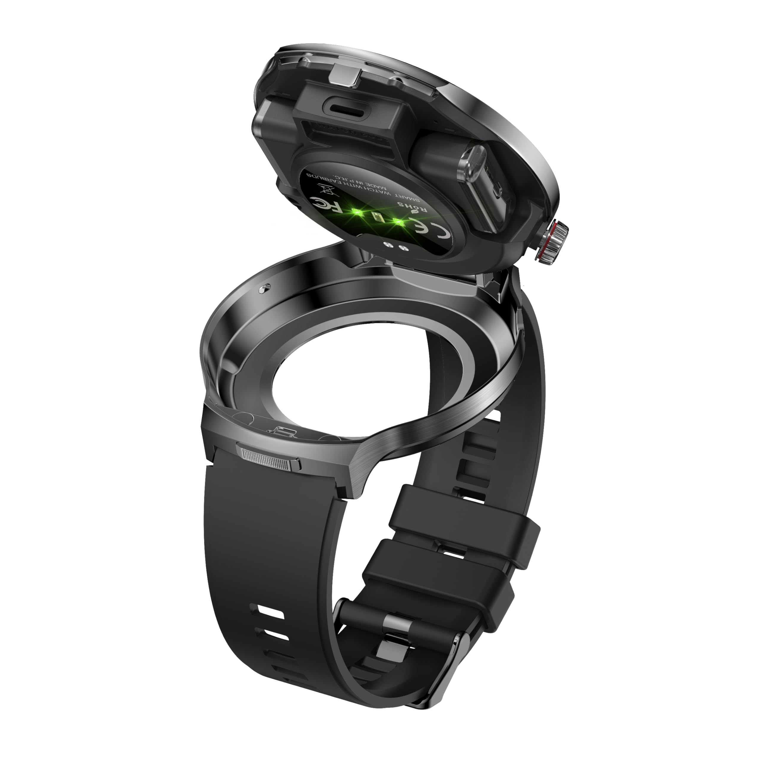 Smart Watch with Bluetooth Earbuds, 1.85-Inch Round HD Screen, Military Style, IP67 Waterproof, 100+ Sports Modes, Heart Rate Monitor, Sleep Tracker, Music Control